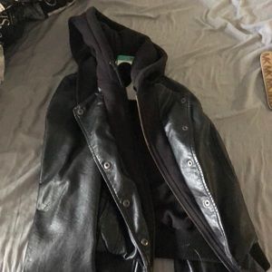 Leather jacket with hood.